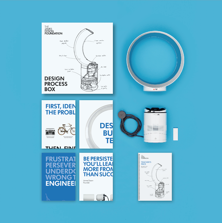 An image displaying the contents of the Design Process Box including a Dyson fan, posters and a teacher's pack