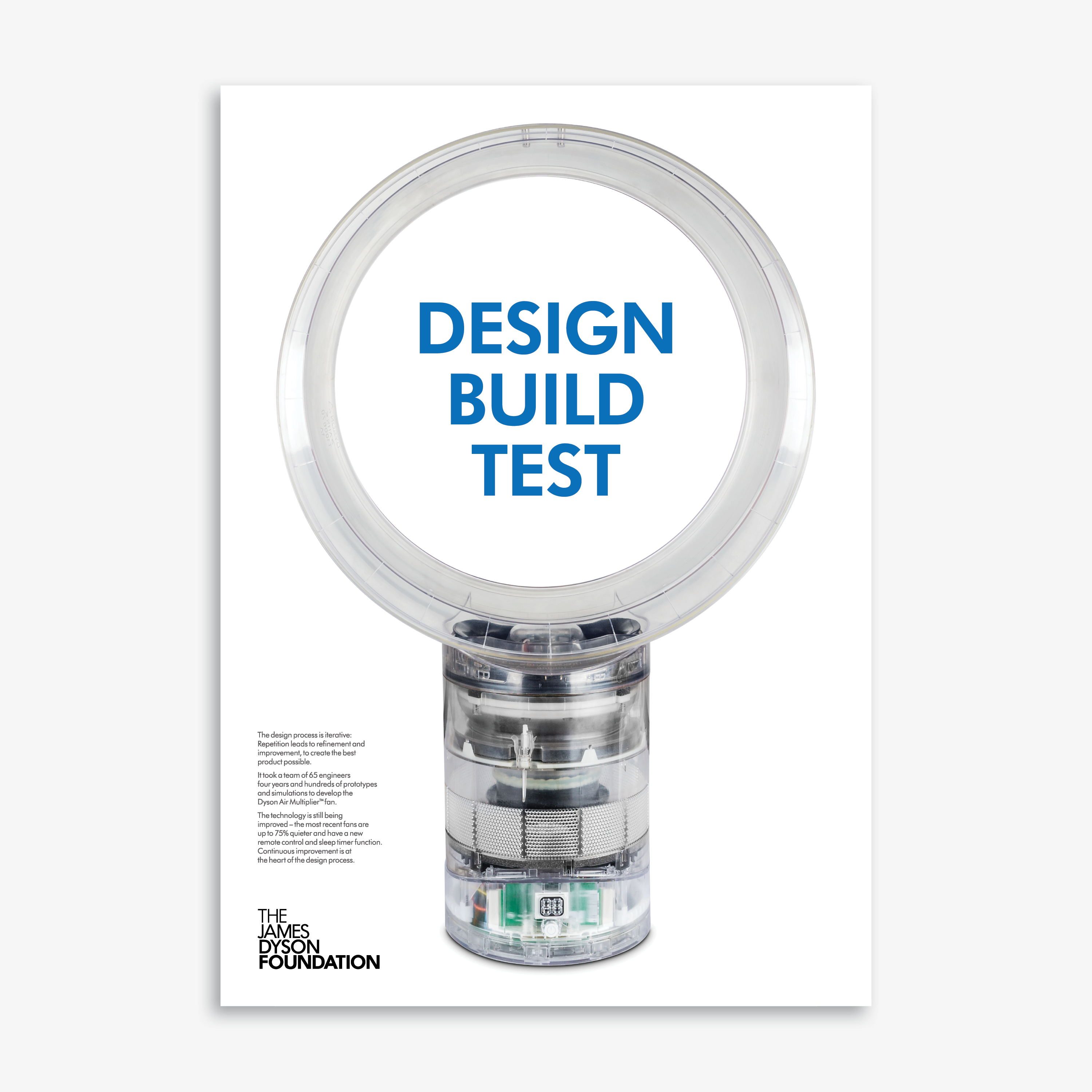 A poster from the Design Process Box featuring a Dyson Air Multiplier fan and the words Design, Build, Test