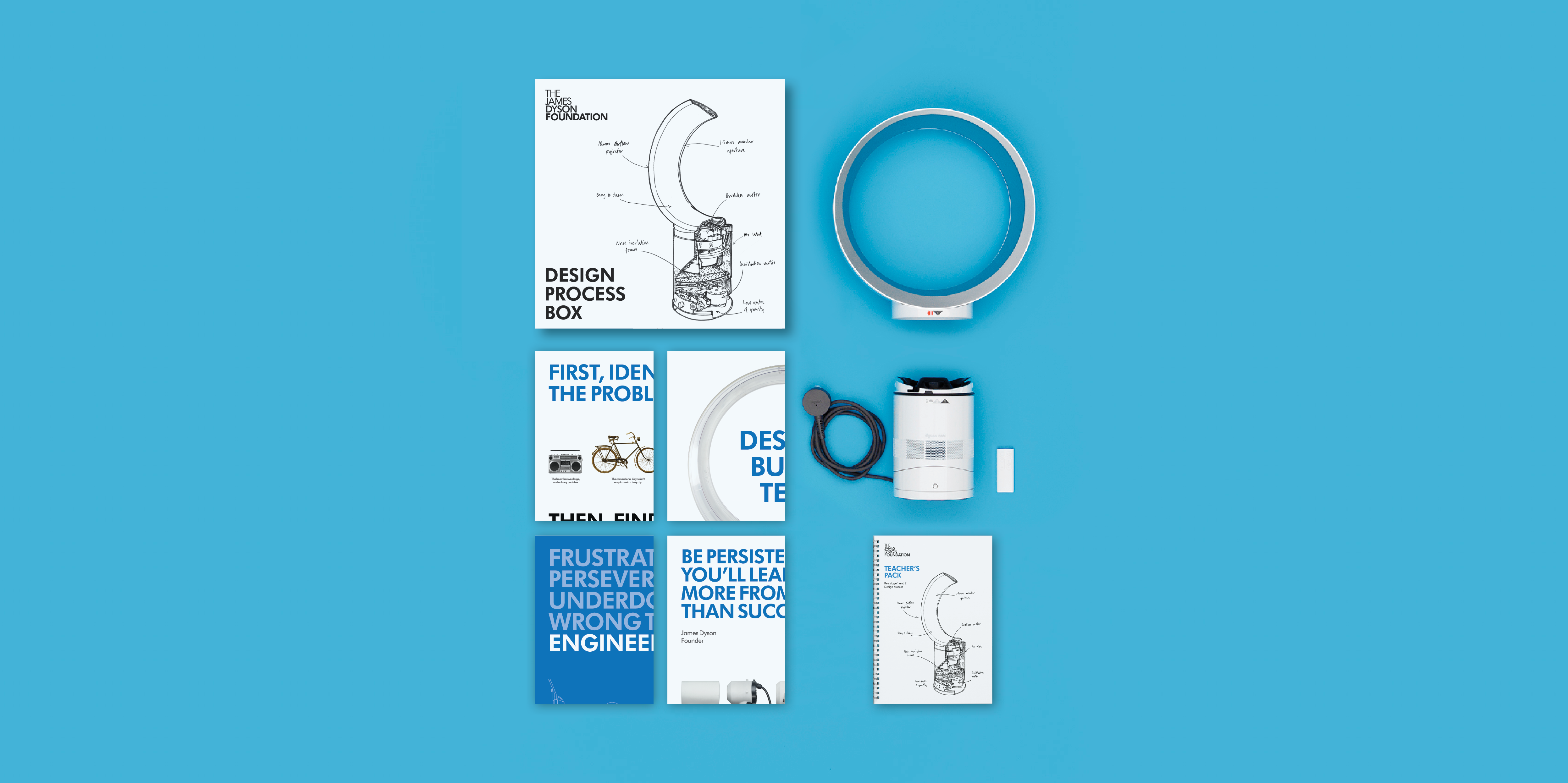 Contents of the Design Process Box including a Dyson Air Multiplier fan, teacher's pack and posters.