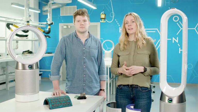 Jess and Ben talking about the Dyson Pure Cool PurifyingTM fan in a lab