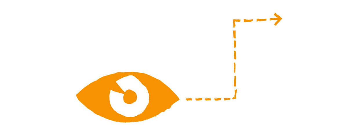 Drawing of an eye with an arrow demonstrating the eye is able to see around a corner.
