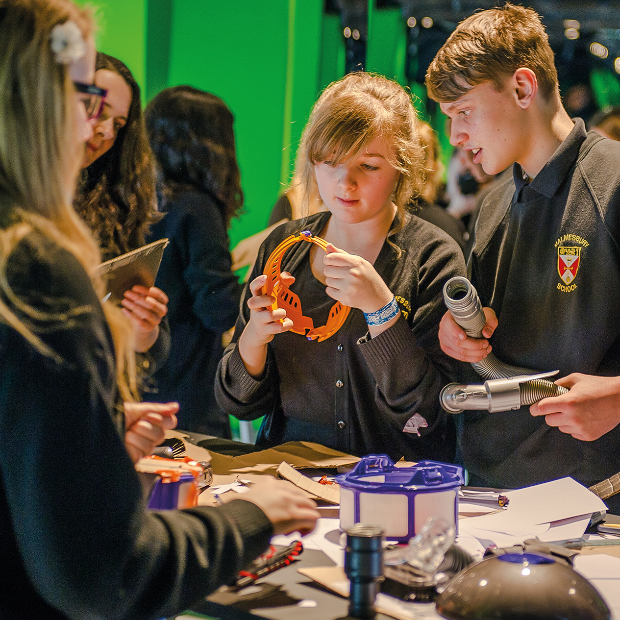 School students building prototypes in a James Dyson Foundation engineering workshop.