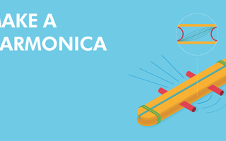 An illustration of the 'make a harmonica' Challenge Card on a light blue background.